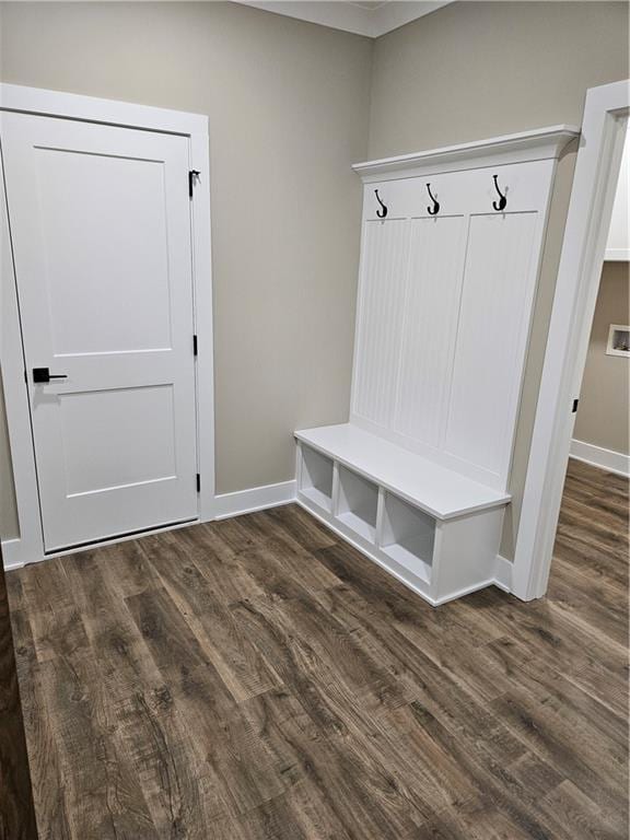 mudroom featuring dark wood-type flooring and baseboards