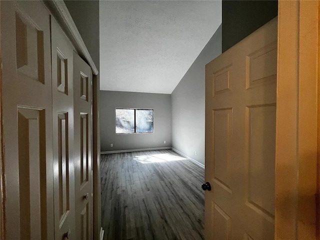 3932 Darryl Ln, Gainesville, GA 30506 - interior space with baseboards, a textured ceiling, lofted ceiling, and dark wood-style flooring