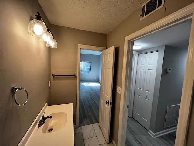 3932 Darryl Ln, Gainesville, GA 30506 - bathroom with visible vents, a textured ceiling, wood finished floors, and vanity