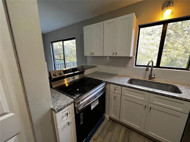 3932 Darryl Ln, Gainesville, GA 30506 - kitchen featuring a sink, backsplash, light stone counters, and stainless steel electric stove