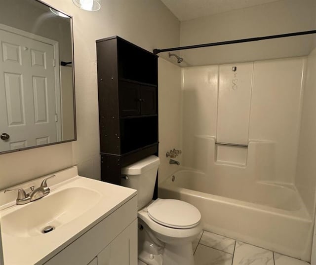 3932 Darryl Ln, Gainesville, GA 30506 - bathroom with vanity, tub / shower combination, a textured ceiling, toilet, and marble finish floor