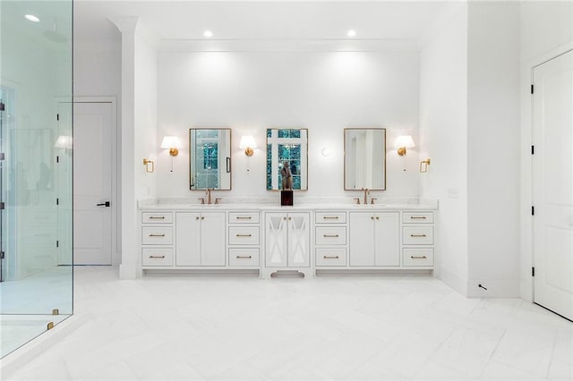 bathroom featuring walk in shower, vanity, and crown molding