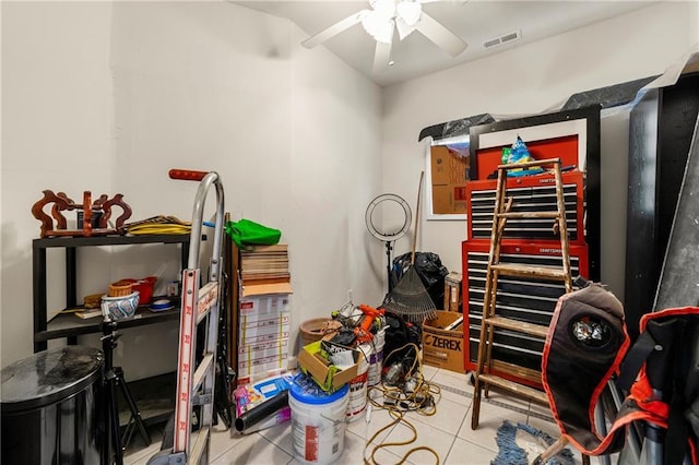 storage room with ceiling fan