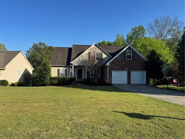 traditional-style home with concrete driveway, brick siding, a front yard, and a garage