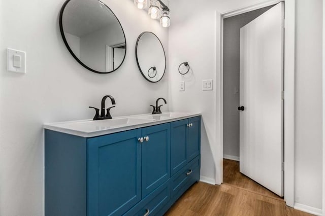 bathroom featuring a sink, baseboards, wood finished floors, and double vanity