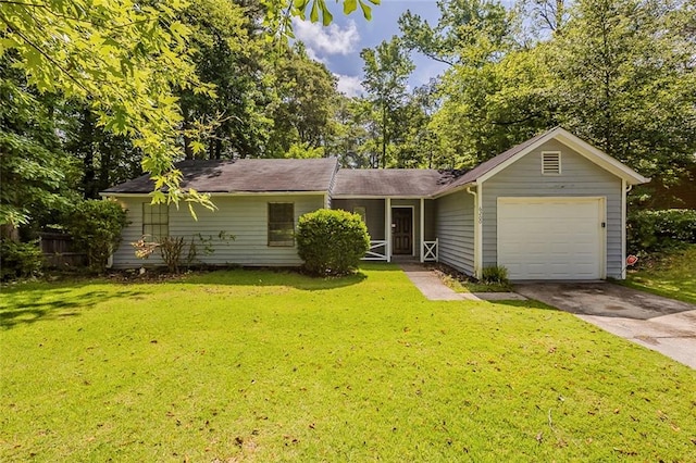 6200 Beaver Creek Trl, Atlanta, GA 30349 - ranch-style house with an attached garage, driveway, a front lawn, and a shingled roof