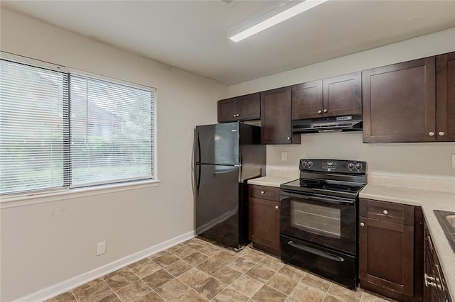 6200 Beaver Creek Trl, Atlanta, GA 30349 - kitchen featuring black appliances, under cabinet range hood, dark brown cabinets, and light countertops