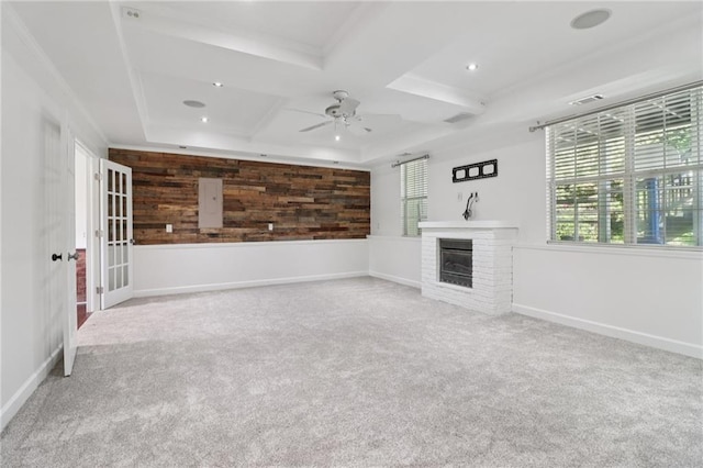 4046 Water Hole Ct, Douglasville, GA 30135 - unfurnished living room featuring carpet, coffered ceiling, a brick fireplace, a ceiling fan, and recessed lighting