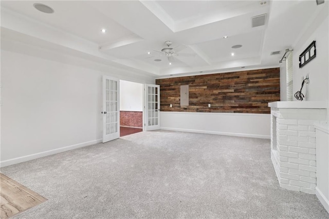 4046 Water Hole Ct, Douglasville, GA 30135 - unfurnished living room featuring french doors, ceiling fan, carpet floors, coffered ceiling, and recessed lighting