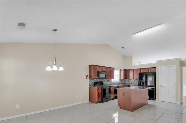 70 Prince Edward Way, Covington, GA 30016 - kitchen featuring black appliances, a kitchen island, a chandelier, backsplash, and high vaulted ceiling
