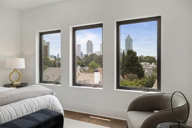 bedroom featuring baseboards, a view of city, wood finished floors, and multiple windows