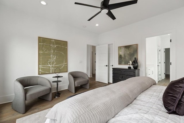 bedroom featuring baseboards, recessed lighting, a ceiling fan, and wood finished floors