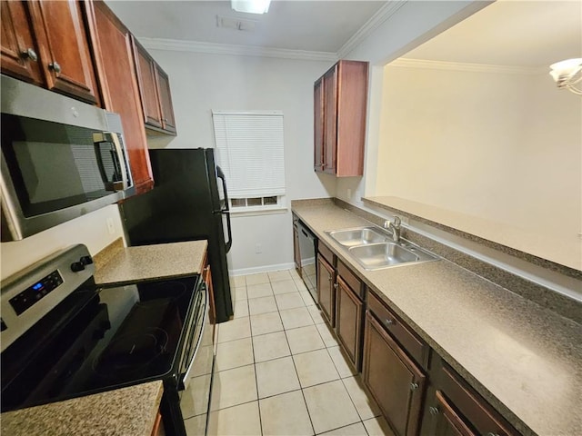 kitchen with black appliances, light tile patterned floors, crown molding, and a sink