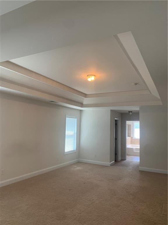 unfurnished room with carpet flooring and a tray ceiling