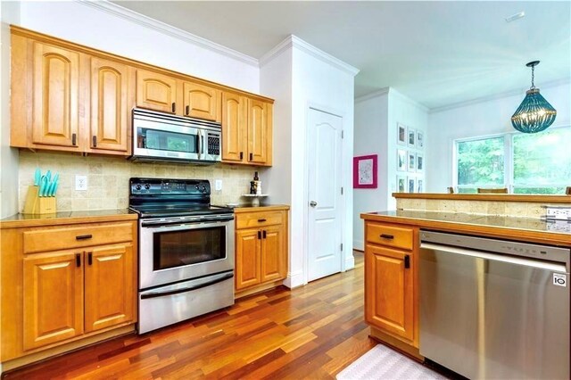 kitchen with hanging light fixtures, dark hardwood / wood-style floors, a chandelier, decorative backsplash, and appliances with stainless steel finishes