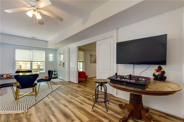 living room with ceiling fan and hardwood / wood-style flooring