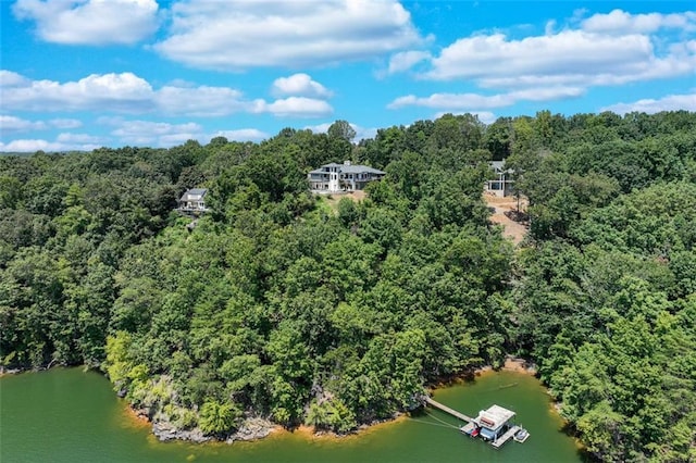 drone / aerial view with a forest view and a water view