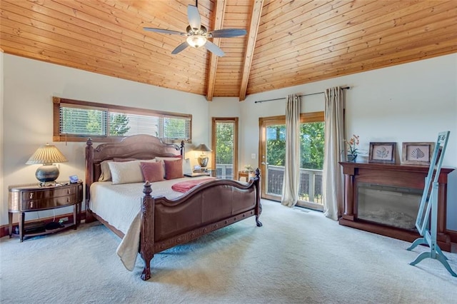 carpeted bedroom with high vaulted ceiling, multiple windows, wood ceiling, and access to outside