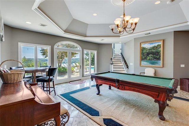 recreation room with billiards, an inviting chandelier, a tray ceiling, visible vents, and recessed lighting