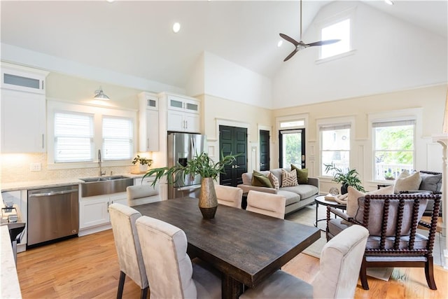 151 Savannah St SE, Atlanta, GA 30316 - dining area featuring high vaulted ceiling, a ceiling fan, light wood-style flooring, and recessed lighting