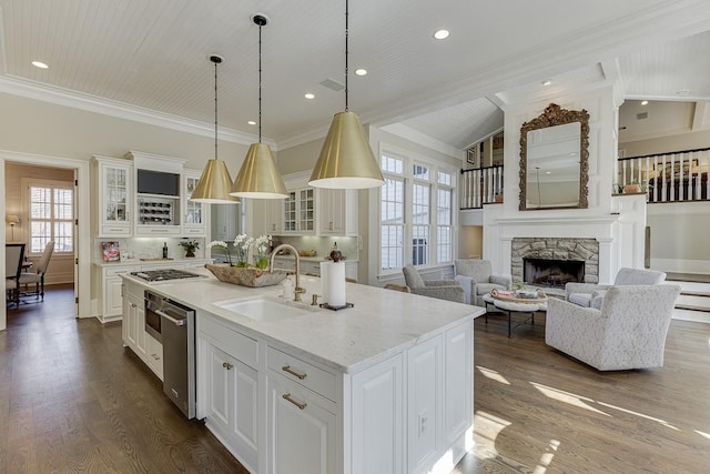 kitchen with dishwasher, a center island with sink, dark wood finished floors, and a sink