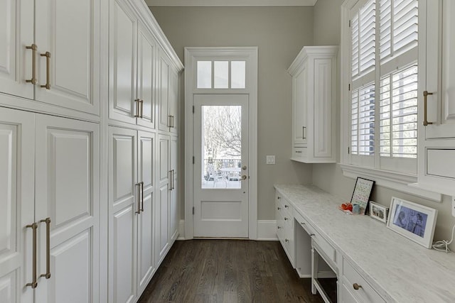 mudroom with a healthy amount of sunlight, dark wood finished floors, and baseboards