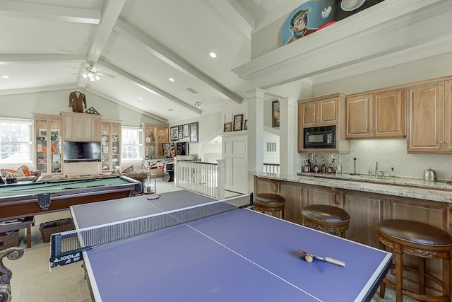 playroom featuring indoor wet bar, vaulted ceiling with beams, a ceiling fan, a sink, and billiards