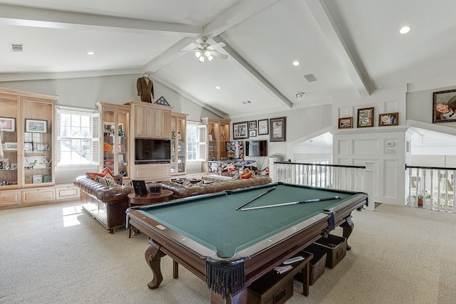 game room with vaulted ceiling with beams, light colored carpet, visible vents, a ceiling fan, and billiards