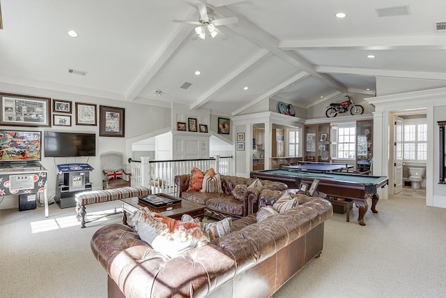 rec room featuring light carpet, visible vents, and lofted ceiling with beams