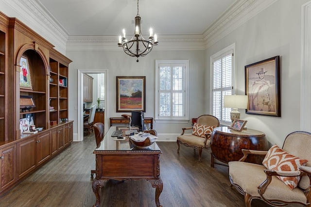 office space with ornamental molding, a chandelier, dark wood finished floors, and baseboards