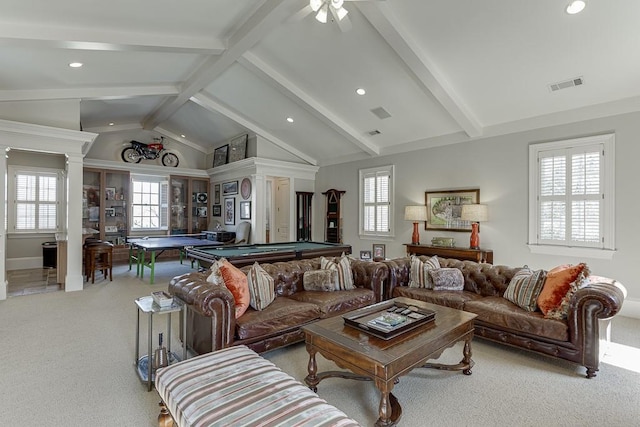 living area featuring carpet floors, decorative columns, visible vents, and pool table