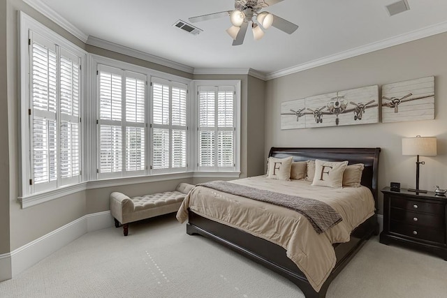 bedroom featuring carpet floors, ornamental molding, and visible vents