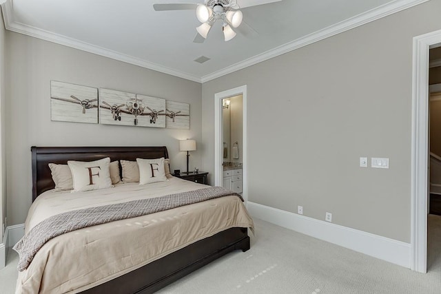 bedroom featuring carpet floors, visible vents, ornamental molding, and baseboards