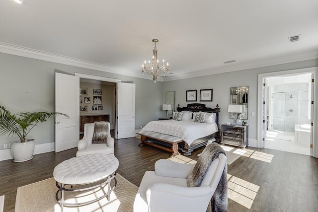 bedroom featuring dark wood-style floors, visible vents, and ornamental molding