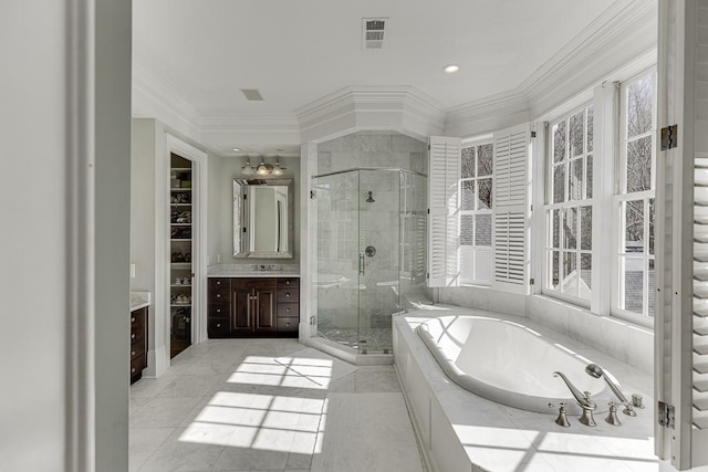 full bath featuring a garden tub, crown molding, visible vents, a shower stall, and vanity