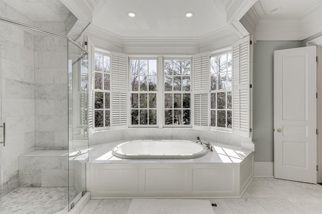 full bath with ornamental molding, a stall shower, marble finish floor, and a garden tub