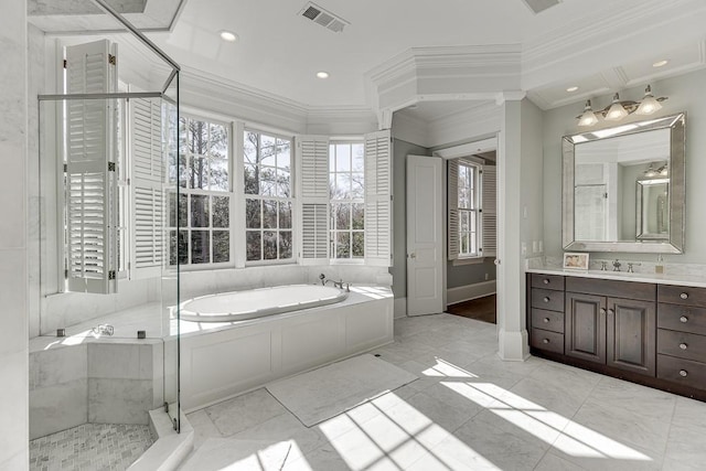 full bath with recessed lighting, vanity, visible vents, ornamental molding, and a bath