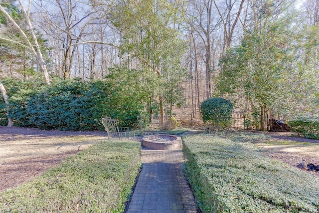 view of yard with a fire pit