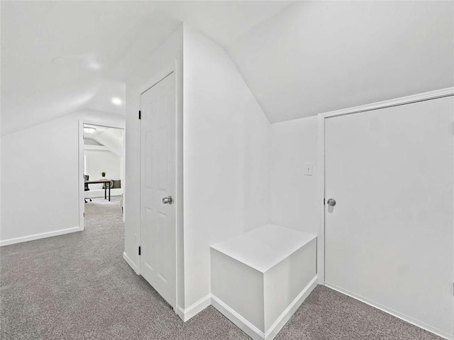 mudroom featuring carpet flooring, vaulted ceiling, and baseboards