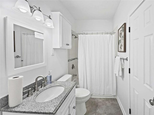 bathroom featuring toilet, vanity, shower / tub combo with curtain, tile patterned flooring, and baseboards
