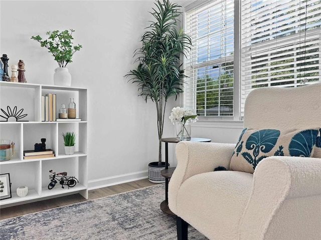 living area with wood finished floors, baseboards, and a healthy amount of sunlight