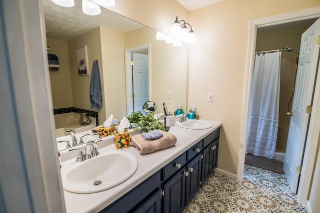 full bath with double vanity, a shower with curtain, tile patterned floors, a bath, and baseboards
