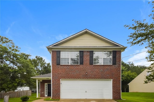 view of front facade featuring fence, brick siding, concrete driveway, a front lawn, and an attached garage