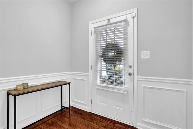 doorway with a decorative wall, a wealth of natural light, a wainscoted wall, and dark wood-style floors