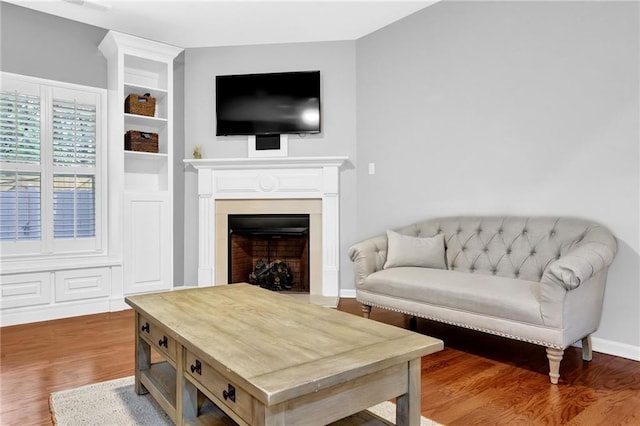 interior space featuring a fireplace with flush hearth, baseboards, and wood finished floors