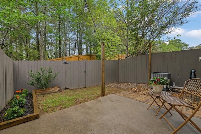 view of patio / terrace featuring a fenced backyard and a vegetable garden