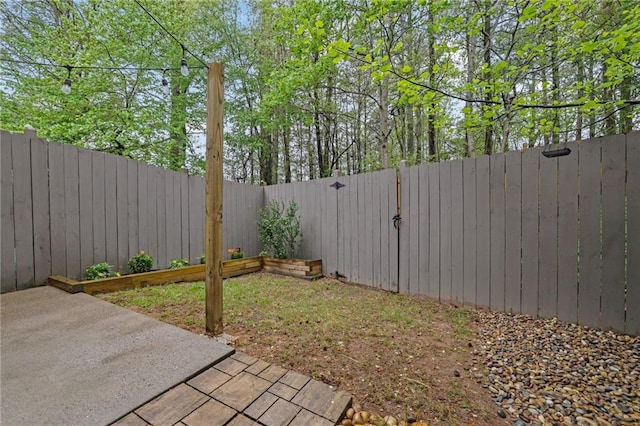 view of yard with a fenced backyard, a gate, and a patio