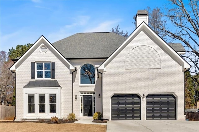 view of front of house featuring driveway, a shingled roof, a chimney, and brick siding