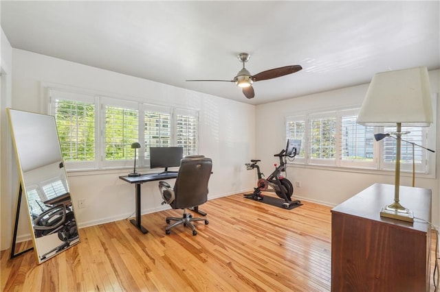 home office with baseboards, hardwood / wood-style floors, a ceiling fan, and a healthy amount of sunlight