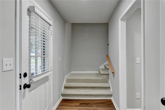 stairs featuring hardwood / wood-style floors